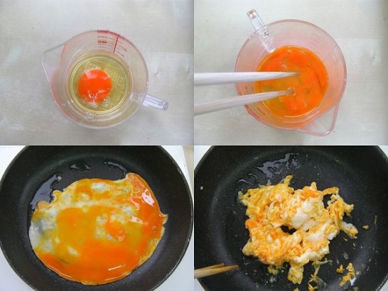 Break the egg into a cup and beat it by running chopsticks.Heat a pan annd add oil.Add the egg mixture,Cook with chopsticks until the mix is scrambled, then remove.